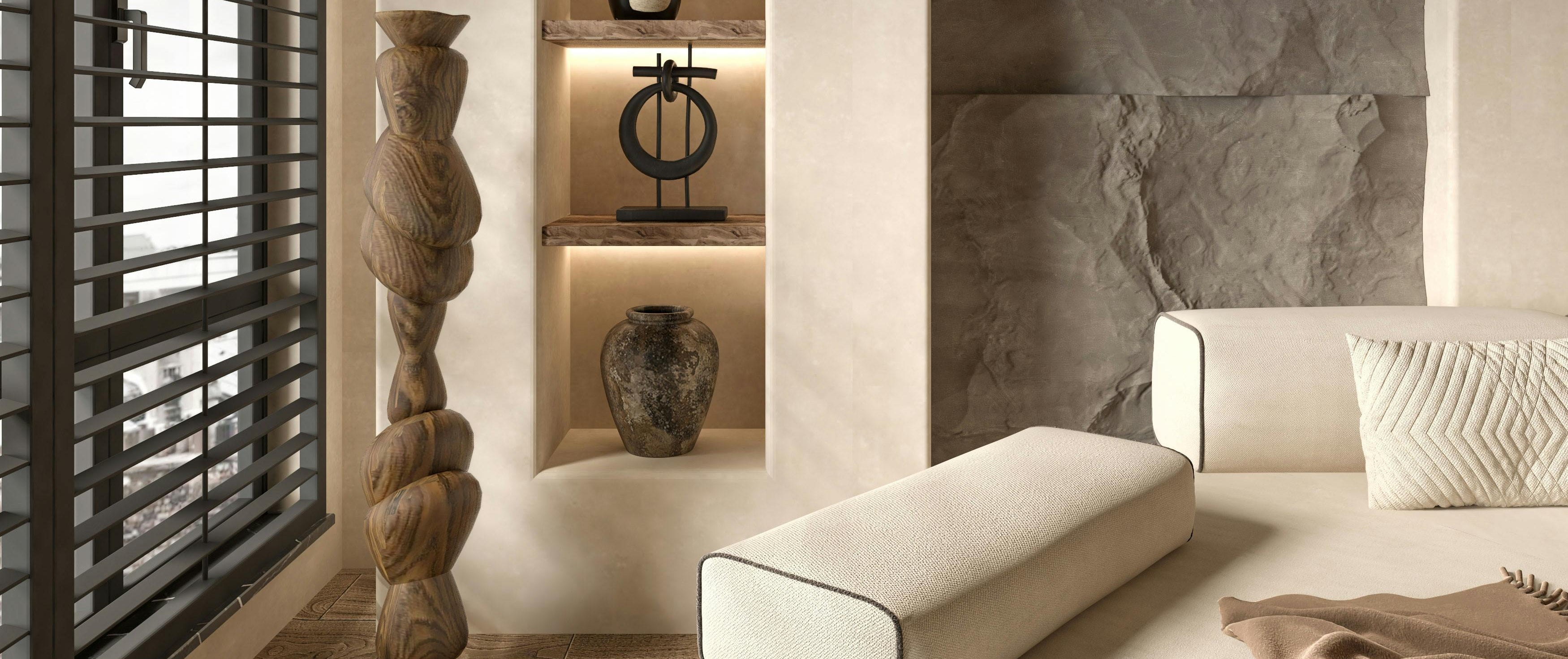 Modern interior design with stone wall, shelves, and a sofa.